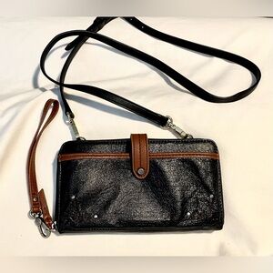 The Sak Women's Leather Wallet/Crossbody/Wristlet - Black Onyx w/ Saddle Trim
